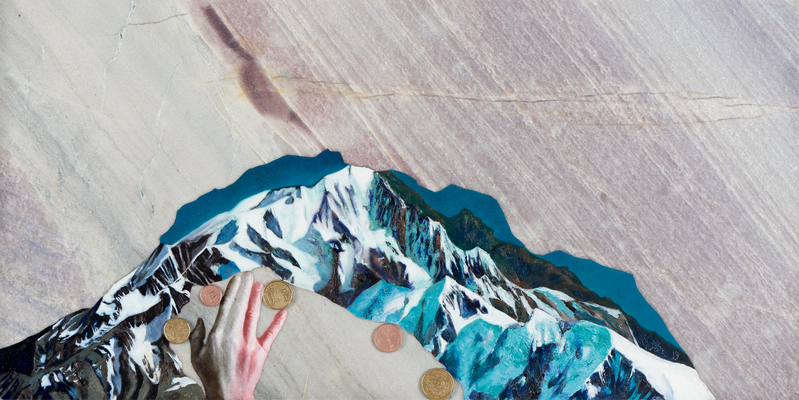 Montagne avec 1,46€, huile et monnaie sur marbre macauba, 35 x 62 cm. N°15/2019