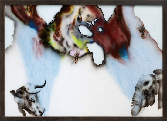 Été (Vache et éléphant sous l'influence d'un. nuage), huile et acrylique sous plexiglas, 156 x 216 cm, 2023, N°8/2023.