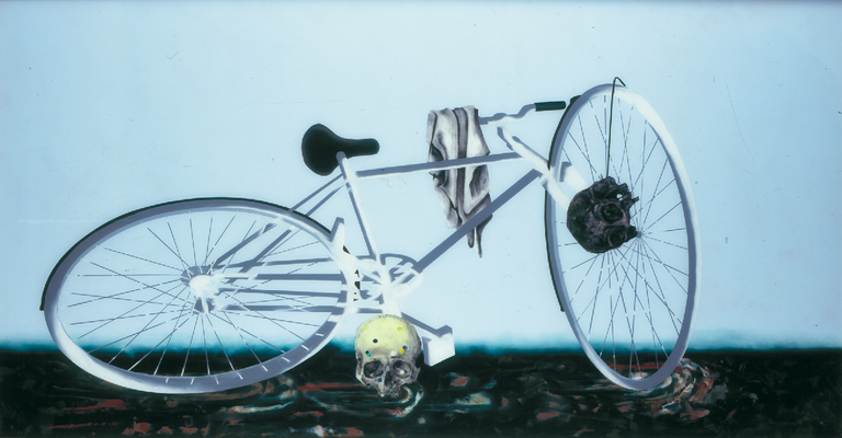 Composition avec bicyclette - huile sous verre - 108 x 200 cm -1997