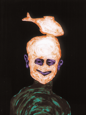 Tête (avec poisson) - huile sous verre - 70 x 88 cm - 1991 - série des 50 têtes regardant à gauche et à droite 