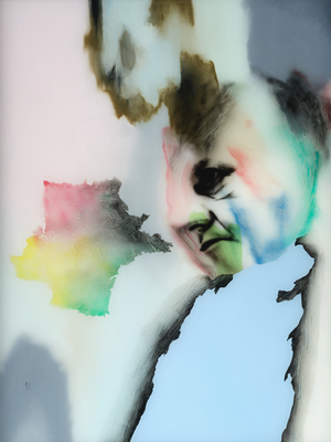 Figure avec France inversée, huile, acrylique sous plexiglas, 112 x 85 cm, 2021, N° 10/2021.
