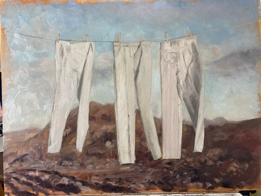 Hosen im Wind, oil on panel, 60 x 45 cm