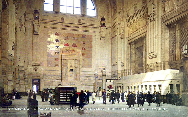 Milan Railway Station interior. Image coloured by A. Zois.