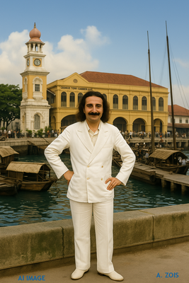 This is a AI produced image depicting Meher Baba in Panang, Straits Settlement (Br.) , based on Baba's photo taken in Nanking, China in 1932. Image produced by Anthony Zois.