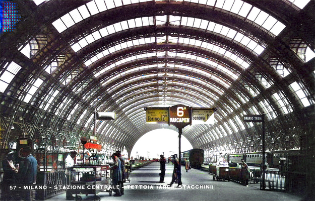 Milan Railway Station interior. Image coloured by A. Zois.