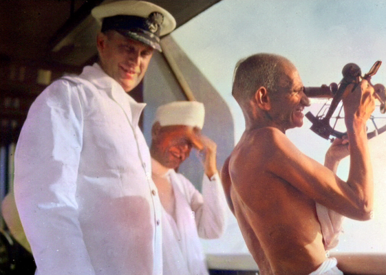 Captain Morton with Mahatma Gandhi on board the SS Rajputana. Image coloured by A. Zois.