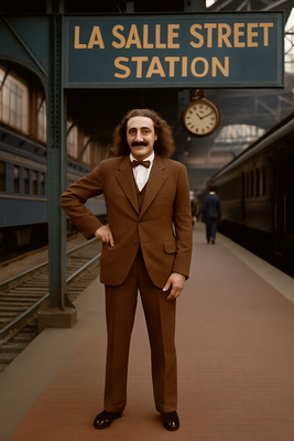 Meher Baba at La Salle Railway Station, Chicago, IL., in October 1932.  Image produced by A. Zois.