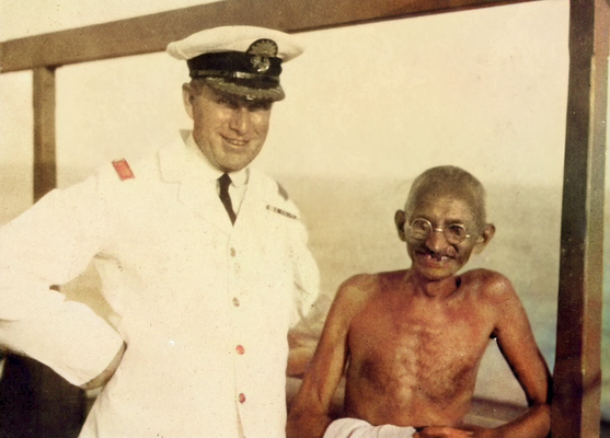 Captain Morton with Mahatma Gandhi on board the SS Rajputana. Image coloured by A. Zois.