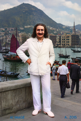 This is a AI produced image depicting Meher Baba in Hong Kong / Kowloon (Br.), based on Baba's photo taken in Nanking, China in 1932. Image produced by Anthony Zois.
