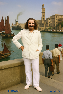 This is a AI produced image depicting Meher Baba in Suez Cana (Br.), based on Baba's photo taken in Nanking, China in 1932. Image produced by Anthony Zois.