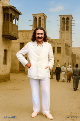 This AI image shows Meher Baba at Bahrain. Image produced by Anthony Zois.