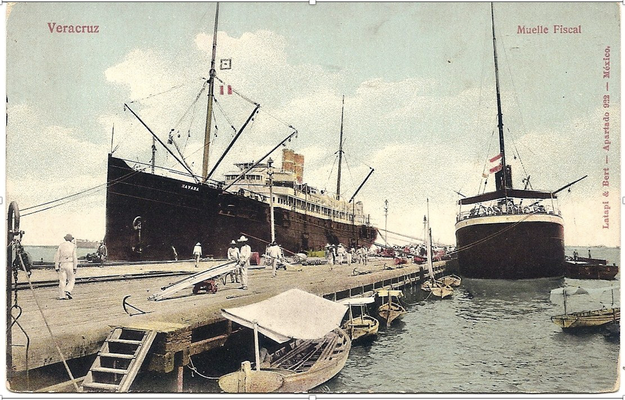 Ansichtskartenbild der SS Havanna, die an der Fiskalkai in Veracruz, Mexiko, um 1907 festgemacht hat..