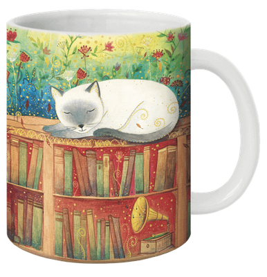 Mug chat sur la bibliothèque illustré par Jehanne WEYMAN