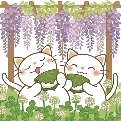 柏餅を食べるネコのイラスト