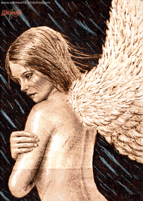 Scarred Angel, Brandmalerei, 30x21 cm (100 €)