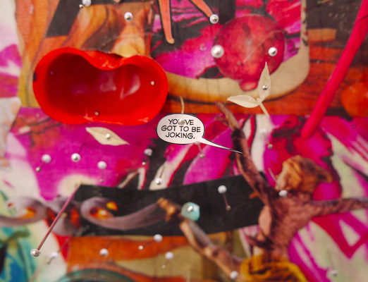 ELLIOTT HUNDLEY "The stage blacked out" 2016 (paper, oil, glass, dried lotus, abalone shells, parabolic reflectors, plastic, pins, foam and linen on panel, 143.5×166.4×15.2 cm - seen in Art Basel 2016)