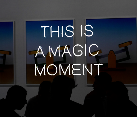JEPPE HEIN "This is a magic moment" 2016 (powder coated aluminium, neon tube, two-way mirror, powder coated steel, transformers, 100x100x10 cm - seen in Art Basel 2016)