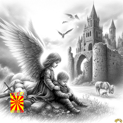 Engel und Bengel vor einer Schlossruine