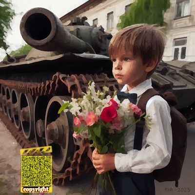 Kleiner Junge mit Blumen vor einem Kanonenrohr