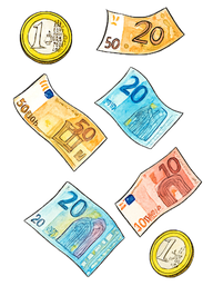 Geldmünzen und Scheine als Symbol für Taschengeld und finanzielle Bildung von Kindern zum Schulstart