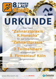 Urkunde 8. Firmenlauf in Köln für das Team der Zahnarztpraxis Honscha