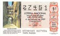 DECIMO LOTERÍA NACIONAL - Nº 27451 - 4 DE FEBRERO DE 1.989 (1,50€).