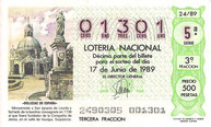 DECIMO LOTERÍA NACIONAL - Nº 01301 - 17 DE JUNIO DE 1.989 (1,50€).