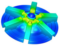 Engineering Analysis of Hub under high wind loads. The yellow color indicates areas of higher stress
