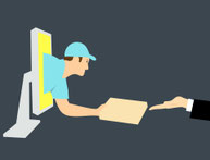 Auf dem Bild ist ein Paketboote der aus einem Bildschirm heraus schaut und ein Paket einer Hand übergibt.