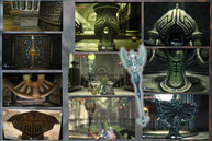 l.: Ornamentation on columns, door, traps and teleportation pedestal || r.: Guardian statues and Dominon Rod (screenshots by me, rod = official artwork by Nintendo)