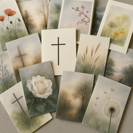 Eine Auswahl verschiedener Trauerkarten mit floralen Motiven, Kreuzen und schlichten grafischen Elementen, dezent arrangiert auf einem Tisch.