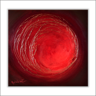 Tableau rond rouge ; tableau lumineux ; peinture herbes rouge ; tableau petit format
