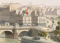 Place du Pont Neuf 13 (red arrow), Île de la Cité, Paris, about 1850/60. Hoffbauer, Fédor. Courtesy of Musée Carnavalet, Histoire de Paris.