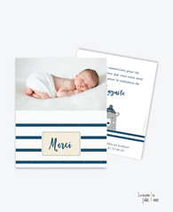 carte de remerciements naissance garçon ourson avec son bonnet -rayures marines