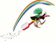 Illustration einer Hexe mit grünen Haaren auf einer roten Zahnbürste mit Regenbogen darüber