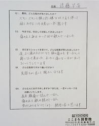 大分別府 頭痛専門ここまろ調整院で頭痛専門の改善施術を受け、４０年以上前から頭痛に苦しんでいた大分県別府市在住の佐藤さんが頭痛から解放されたことをアンケートに記してくださいました。