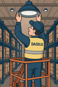 Technicien Daiselec en nacelle installant un luminaire LED high bay dans une allée logistique pour l’éclairage d’un entrepôt professionnel.