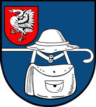 Das Wappen von Wandsbek zeigt auch heute noch den Hut, die Tasche und den Wanderstab des Wandsbe(c)ker Bot(h)en.