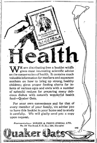 September 1925 English language print advertisement in Shanghai for the "Quaker Oats Book of Health"