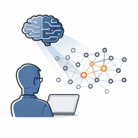 Modernes Icon zur Visualisierung Ki-gestützter Unterstützung bei der Datenanalyse: Ein Forscher arbeitet an einem Laptop mit einem KI-Gehirn-Symbol zusammen, um Muster in Daten zu erkennen.