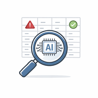 Modernes Icon zur Darstellung der KI-gestützten Qualitätssicherung: Ein Vergrößerungsglas mit AI-Symbol prüft eine Datentabelle und markiert Fehler und korrekte Daten.