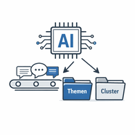 Modernes Icon zur Illustration der KI-gestützten Datenstrukturierung in der Marktforschung: Ein KI-Chip sortiert Sprechblasen in Ordner.