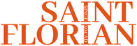 Detail des Saint Florian Schriftzugs mit Zusatz Since 304 AD in Orange. Typografie Print auf weißem Feuerwehr T-Shirt.