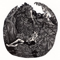 かくれんぼ/ 赤池 ももこ/木口木版画/13×13cm/シート￥16,500(税込)/額装済 ￥20,100(税込)