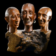 Sculpture argile patinée et bois - Visages expressifs