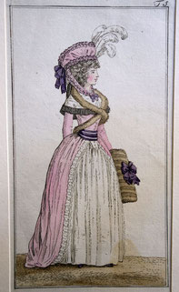 1790, Journal des Luxus und der Moden, Modekupfer mit Dame in rosafarbener Robe à l'Anglaise