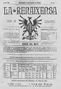 Capçalera d'un número de La Renaixensa, revista quinzenal que esdevingué una de les principals plataformes de difusió del moviment de ressorgiment de la literatura i la cultura catalanes durant la segona meitat del segle XIX.