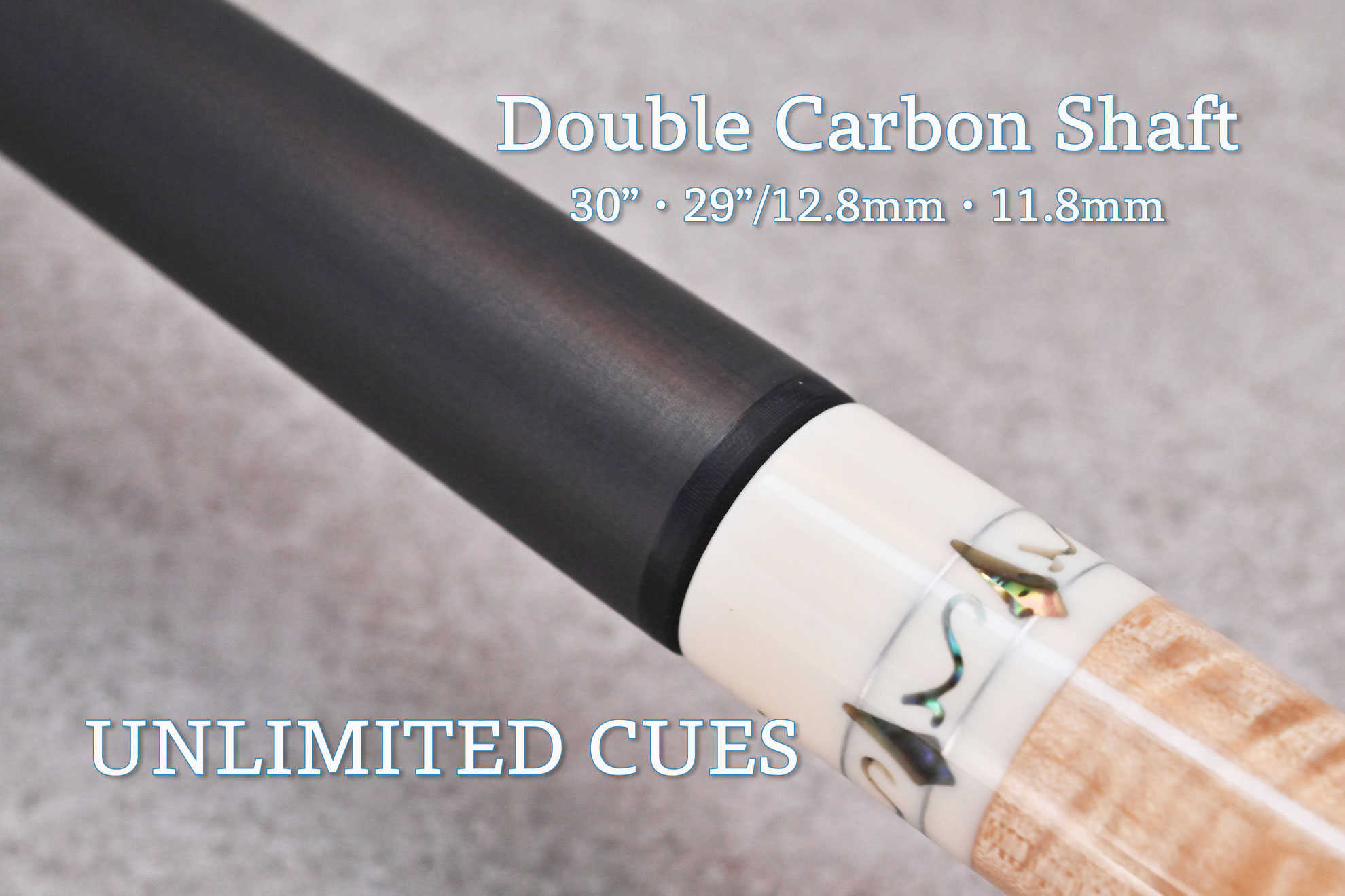 BD〉UNLIMITED（アンリミテッド）ダブルカーボンシャフト 好評発売中！ 先端径12.8mm/ 11.8mm。標準：30インチ、受注生産：29インチ  - ビリヤードデイズ
