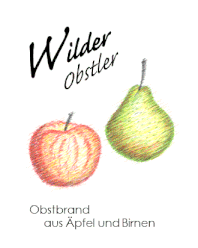 Etikett vom Wilden Obstler: Obstbrand aus Äpfeln und Birnen, Buntstiftzeichnung von einem Apfel und einer Birne