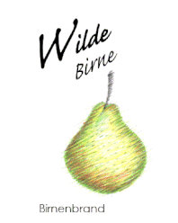 Etikett Wilde Birne: Birnenbrand, Buntstiftzeichnung von einer klassischen Birne